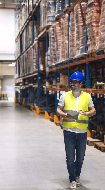 Warehouse worker looking at shelves with packages and walking through large warehouse storage distribution area.